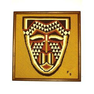 Handcrafted Vintage Tribal Mask Needlepoint Wall Art In Wooden Frame